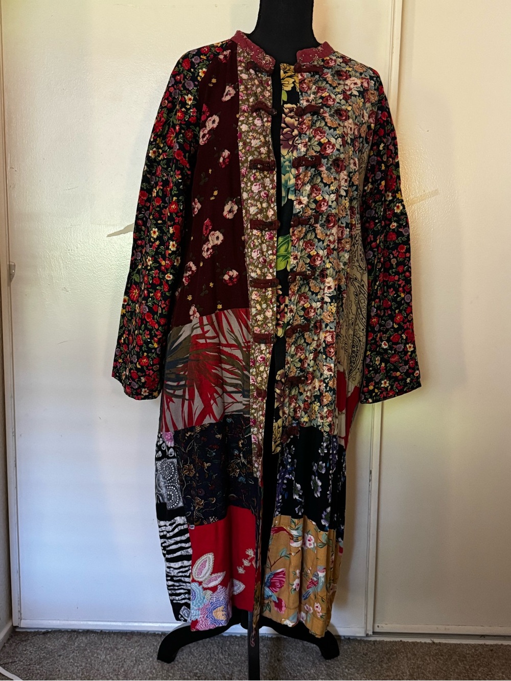 Boho Patchwork Floral Duster Coat in Burgundy and Multi